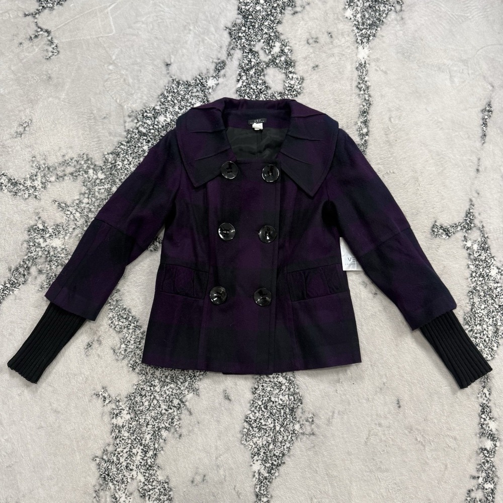 Vex Collection Wool Jacket Womens 36/S Purple Plaid Peacoat Coat Ribbed Cuffs